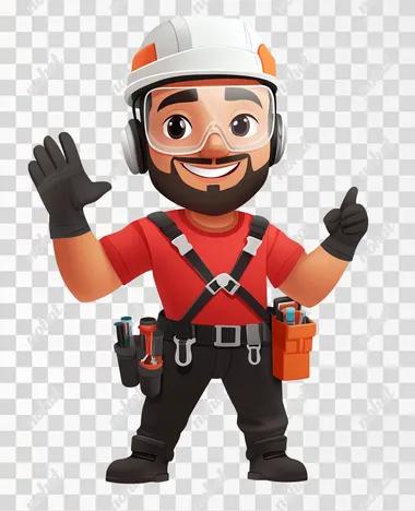 Create a friendly, cartoon-style safety mascot for an industrial company specializing in metal structures. The character should be a cheerful, Latino male worker with a warm and approachable expression. He wears modern safety gear, including a white helmet, transparent safety glasses, and a communication headset. His outfit consists of a red short-sleeve shirt, a black safety harness properly strapped, industrial gloves, black work pants, and sturdy black boots. His stance is confident and welcoming, with one hand raised as if giving instructions or greeting someone. The art style should be professional, slightly modernized, and visually appealing, making him relatable to a Brazilian audience while maintaining an educational and safety-focused approach