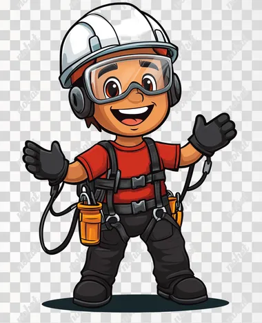 Create a friendly, cartoon-style safety mascot for an industrial company specializing in metal structures. The character should be a cheerful, Latino male worker with a warm and approachable expression. He wears modern safety gear, including a white helmet, transparent safety glasses, and a communication headset. His outfit consists of a red short-sleeve shirt, a black safety harness properly strapped, industrial gloves, black work pants, and sturdy black boots. His stance is confident and welcoming, with one hand raised as if giving instructions or greeting someone. The art style should be professional, slightly modernized, and visually appealing, making him relatable to a Brazilian audience while maintaining an educational and safety-focused approach