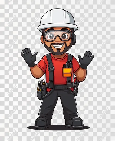 Create a friendly, cartoon-style safety mascot for an industrial company specializing in metal structures. The character should be a cheerful, Latino male worker with a warm and approachable expression. He wears modern safety gear, including a white helmet, transparent safety glasses, and a communication headset. His outfit consists of a red short-sleeve shirt, a black safety harness properly strapped, industrial gloves, black work pants, and sturdy black boots. His stance is confident and welcoming, with one hand raised as if giving instructions or greeting someone. The art style should be professional, slightly modernized, and visually appealing, making him relatable to a Brazilian audience while maintaining an educational and safety-focused approach