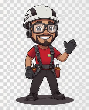 Create a friendly, cartoon-style safety mascot for an industrial company specializing in metal structures. The character should be a cheerful, Latino male worker with a warm and approachable expression. He wears modern safety gear, including a white helmet, transparent safety glasses, and a communication headset. His outfit consists of a red short-sleeve shirt, a black safety harness properly strapped, industrial gloves, black work pants, and sturdy black boots. His stance is confident and welcoming, with one hand raised as if giving instructions or greeting someone. The art style should be professional, slightly modernized, and visually appealing, making him relatable to a Brazilian audience while maintaining an educational and safety-focused approach