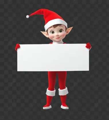 A cute elf on the shelf holding an empty white sign, against a white background, in a high-resolution photo, with white and red colors, elf character design, elf standing in front of the camera, holding a white paper, the elf is smiling, the elf has short hair with pointy ears, the elf wears all shiny red , and white shoes, and an elf hat.