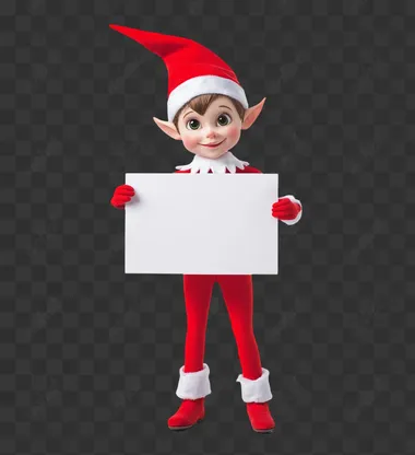 A cute elf on the shelf holding an empty white sign, against a white background, in a high-resolution photo, with white and red colors, elf character design, elf standing in front of the camera, holding a white paper, the elf is smiling, the elf has short hair with pointy ears, the elf wears all shiny red , and white shoes, and an elf hat.