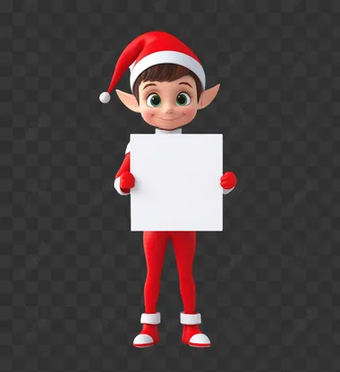 A cute elf on the shelf holding an empty white sign, against a white background, in a high-resolution photo, with white and red colors, elf character design, elf standing in front of the camera, holding a white paper, the elf is smiling, the elf has short hair with pointy ears, the elf wears all shiny red , and white shoes, and an elf hat.