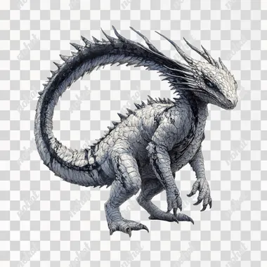 A Conspirator Dragon with grey, sickly scales. He is a medium sized, wingless dragon with a long, whip tail. This one has a long, obsidian streak along its entire body. It is standing on 2 legs