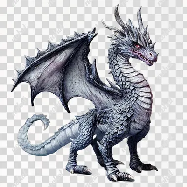 A Conspirator Dragon with grey, sickly scales. He is a medium sized, wingless dragon with a long, whip tail. This one has a long, obsidian streak along its entire body. It is standing on 2 legs