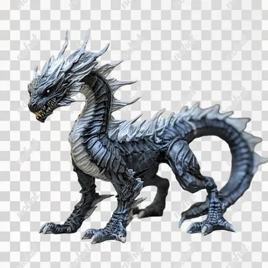 A Conspirator Dragon with grey, sickly scales. He is a medium sized, wingless dragon with a long, whip tail. This one has a long, obsidian streak along its entire body. It is standing on 2 legs
