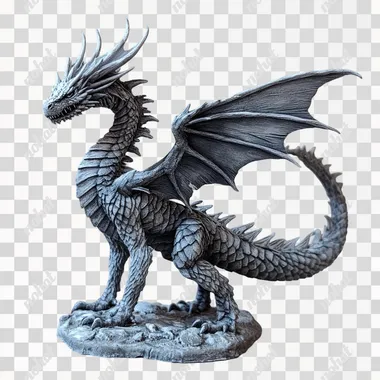 A Conspirator Dragon with grey, sickly scales. He is a medium sized, wingless dragon with a long, whip tail. This one has a long, obsidian streak along its entire body. It is standing on 2 legs