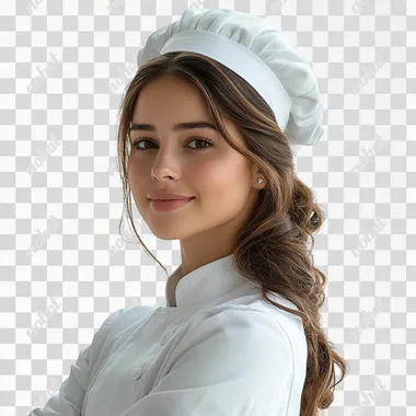 pakistani young chef woman in her 20s, white latex gloves, smiling, from behind, looking over her shoulder, isolated on white background  --s 750