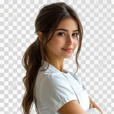 pakistani young chef woman in her 20s, white latex gloves, smiling, from behind, looking over her shoulder, isolated on white background  --s 750