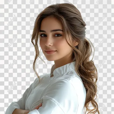 pakistani young chef woman in her 20s, white latex gloves, smiling, from behind, looking over her shoulder, isolated on white background  --s 750