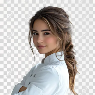 pakistani young chef woman in her 20s, white latex gloves, smiling, from behind, looking over her shoulder, isolated on white background  --s 750