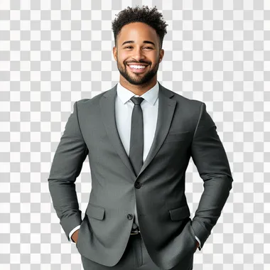 realistic photo of a man, smiling, dressed in a grey suit, standing, on white background