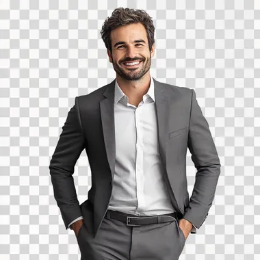 realistic photo of a man, smiling, dressed in a grey suit, standing, on white background