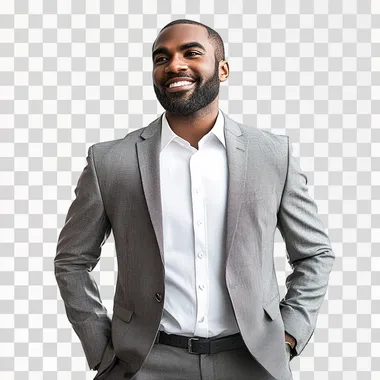 realistic photo of a man, smiling, dressed in a grey suit, standing, on white background