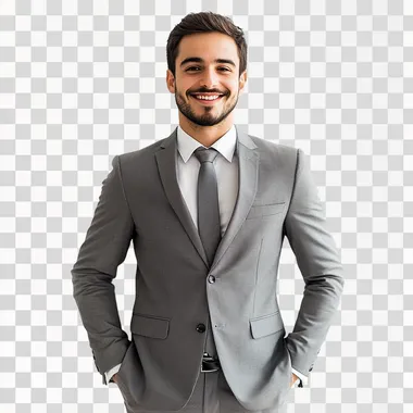 realistic photo of a man, smiling, dressed in a grey suit, standing, on white background