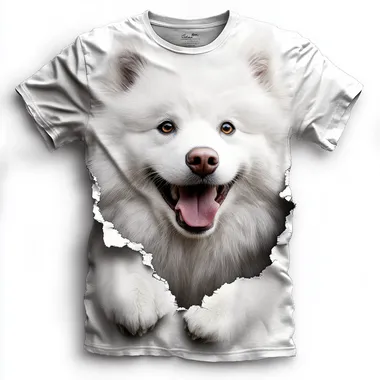 A realistic 3D effect illustration of a super fluffy Samoyed dog with bright, friendly eyes and a joyful expression. The Samoyed appears to tear through the very white t-shirt fabric with her paws , creating an illusion of depth and realism. Its thick, white, cloud-like fur and signature smile bring a playful and heartwarming touch to the design. The ripped fabric edges enhance the lifelike and creative look.