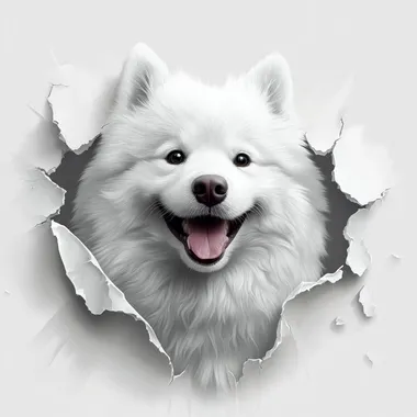 A realistic 3D effect illustration of a super fluffy Samoyed dog with bright, friendly eyes and a joyful expression. The Samoyed appears to tear through the very white t-shirt fabric with her paws , creating an illusion of depth and realism. Its thick, white, cloud-like fur and signature smile bring a playful and heartwarming touch to the design. The ripped fabric edges enhance the lifelike and creative look.
