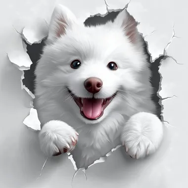 A realistic 3D effect illustration of a super fluffy Samoyed dog with bright, friendly eyes and a joyful expression. The Samoyed appears to tear through the very white t-shirt fabric with her paws , creating an illusion of depth and realism. Its thick, white, cloud-like fur and signature smile bring a playful and heartwarming touch to the design. The ripped fabric edges enhance the lifelike and creative look.