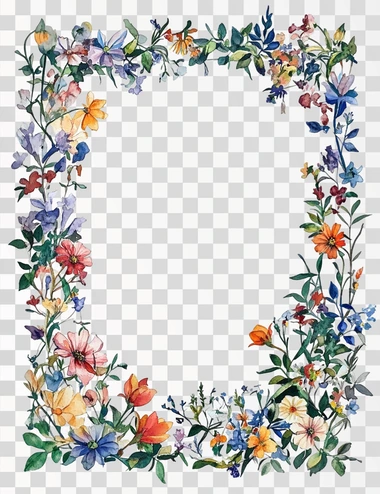 rectangular watercolor floral frame, thin sides, with white background