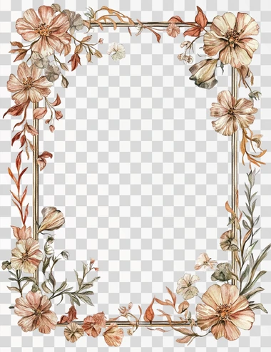 rectangular watercolor floral frame, thin sides, with white background