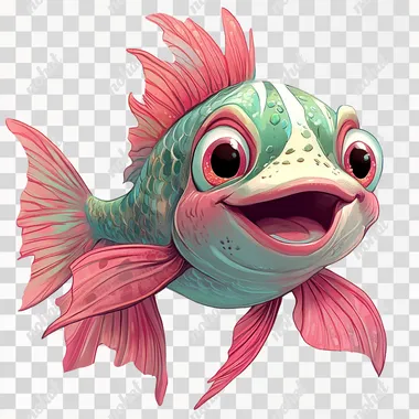 illustration, disney art style, cartoonish, 2d glat image, tropical fish, pink and green, happy face, full body, low detail, no shadow, colored, thick bold lines, blank white background --s 250