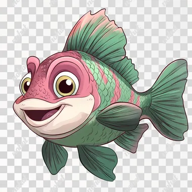 illustration, disney art style, cartoonish, 2d glat image, tropical fish, pink and green, happy face, full body, low detail, no shadow, colored, thick bold lines, blank white background --s 250