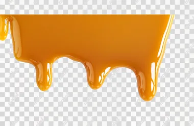 Dripping golden caramel, close-up angle, in the middle, solid white color background, no shadows on the background. diffused lighting, flat lighting.