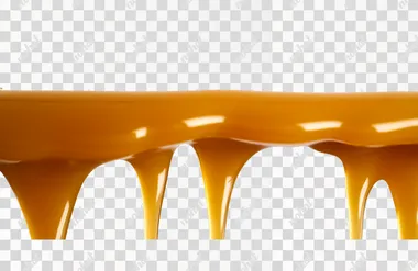 Dripping golden caramel, close-up angle, in the middle, solid white color background, no shadows on the background. diffused lighting, flat lighting.