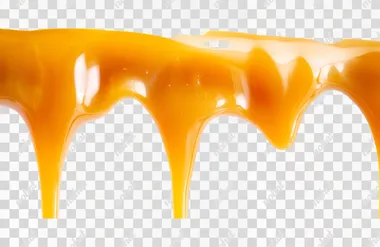 Dripping golden caramel, close-up angle, in the middle, solid white color background, no shadows on the background. diffused lighting, flat lighting.