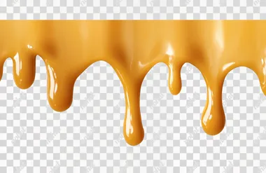 Dripping golden caramel, close-up angle, in the middle, solid white color background, no shadows on the background. diffused lighting, flat lighting.