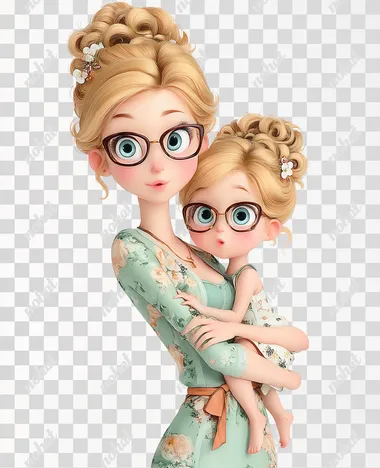 a drawing of a mother and daughter hugging each other, both have blond hear and thin gold glasses, cute and lovingly.