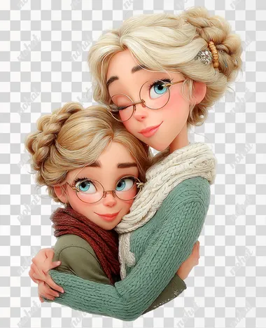 a drawing of a mother and daughter hugging each other, both have blond hear and thin gold glasses, cute and lovingly.
