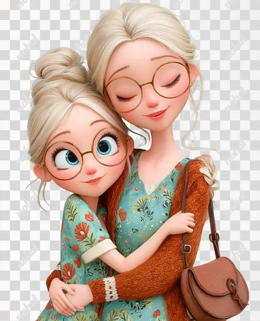 a drawing of a mother and daughter hugging each other, both have blond hear and thin gold glasses, cute and lovingly.