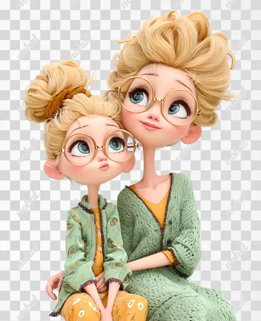 a drawing of a mother and daughter hugging each other, both have blond hear and thin gold glasses, cute and lovingly.