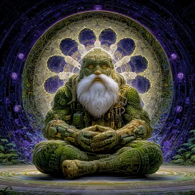 ACIDMATH-Fractal Shaman Circuit - record, vynl art, Album Cover Prompt A surreal, high-detail digital painting of a shaman fused with a machine, sitting cross-legged in a lotus position inside a glowing temple made of fractals. His body is half-organic, half-circuitry vines weave into wires, bones morph into chrome. Behind him, a massive coiled serpent made of sacred geometry spirals upward like a DNA helix. The shamans face is masked with a tribal visor glowing with ancient runes and binary code. Above, a hypercube eclipse casts light rays made of algorithmic symbols. The background is a kaleidoscopic explosion of neon purples, deep blues, and emerald greens, forming a recursive, infinite circuit board pattern stretching into the horizon. Floating symbols, ayahuasca vines, and code glyphs orbit around him in a slow spiral.  --s 250