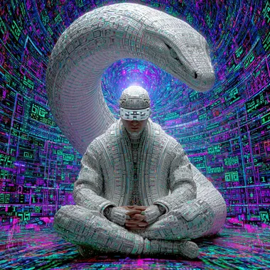 ACIDMATH-Fractal Shaman Circuit - record, vynl art, Album Cover Prompt A surreal, high-detail digital painting of a shaman fused with a machine, sitting cross-legged in a lotus position inside a glowing temple made of fractals. His body is half-organic, half-circuitry vines weave into wires, bones morph into chrome. Behind him, a massive coiled serpent made of sacred geometry spirals upward like a DNA helix. The shamans face is masked with a tribal visor glowing with ancient runes and binary code. Above, a hypercube eclipse casts light rays made of algorithmic symbols. The background is a kaleidoscopic explosion of neon purples, deep blues, and emerald greens, forming a recursive, infinite circuit board pattern stretching into the horizon. Floating symbols, ayahuasca vines, and code glyphs orbit around him in a slow spiral.  --s 250