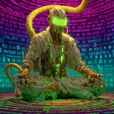 ACIDMATH-Fractal Shaman Circuit - record, vynl art, Album Cover Prompt A surreal, high-detail digital painting of a shaman fused with a machine, sitting cross-legged in a lotus position inside a glowing temple made of fractals. His body is half-organic, half-circuitry vines weave into wires, bones morph into chrome. Behind him, a massive coiled serpent made of sacred geometry spirals upward like a DNA helix. The shamans face is masked with a tribal visor glowing with ancient runes and binary code. Above, a hypercube eclipse casts light rays made of algorithmic symbols. The background is a kaleidoscopic explosion of neon purples, deep blues, and emerald greens, forming a recursive, infinite circuit board pattern stretching into the horizon. Floating symbols, ayahuasca vines, and code glyphs orbit around him in a slow spiral.  --s 250