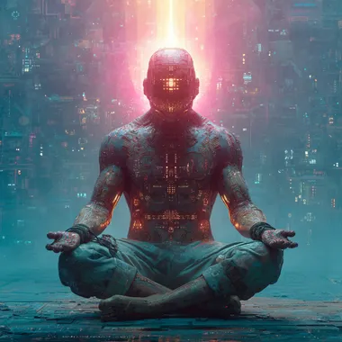 ACIDMATH-Fractal Shaman Circuit - record, vynl art, Album Cover Prompt A surreal, high-detail digital painting of a shaman fused with a machine, sitting cross-legged in a lotus position inside a glowing temple made of fractals. His body is half-organic, half-circuitry vines weave into wires, bones morph into chrome. Behind him, a massive coiled serpent made of sacred geometry spirals upward like a DNA helix. The shamans face is masked with a tribal visor glowing with ancient runes and binary code. Above, a hypercube eclipse casts light rays made of algorithmic symbols. The background is a kaleidoscopic explosion of neon purples, deep blues, and emerald greens, forming a recursive, infinite circuit board pattern stretching into the horizon. Floating symbols, ayahuasca vines, and code glyphs orbit around him in a slow spiral.  --s 250
