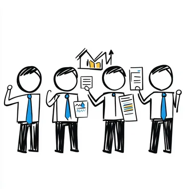 A simple line drawing of four stick figures, each holding different papers or charts that represent real estate data such as property sales, home health and beauty data, and house or building graphs. They wear white shirts with blue ties on the left side and black pants. The background is plain white, emphasizing their expressions and stance. This design conveys depth in an illustration style suitable for business use.