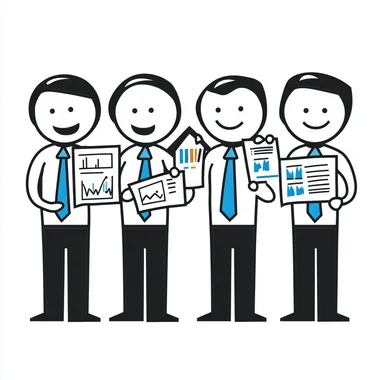 A simple line drawing of four stick figures, each holding different papers or charts that represent real estate data such as property sales, home health and beauty data, and house or building graphs. They wear white shirts with blue ties on the left side and black pants. The background is plain white, emphasizing their expressions and stance. This design conveys depth in an illustration style suitable for business use.