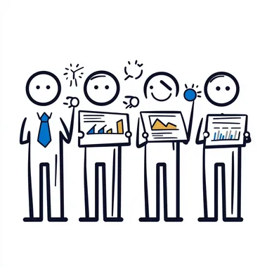 A simple line drawing of four stick figures, each holding different papers or charts that represent real estate data such as property sales, home health and beauty data, and house or building graphs. They wear white shirts with blue ties on the left side and black pants. The background is plain white, emphasizing their expressions and stance. This design conveys depth in an illustration style suitable for business use.