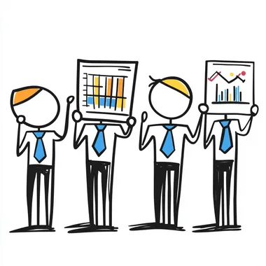 A simple line drawing of four stick figures, each holding different papers or charts that represent real estate data such as property sales, home health and beauty data, and house or building graphs. They wear white shirts with blue ties on the left side and black pants. The background is plain white, emphasizing their expressions and stance. This design conveys depth in an illustration style suitable for business use.