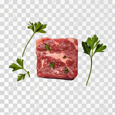 a photographic image of raw cube steak on a white background with parsley garnish.