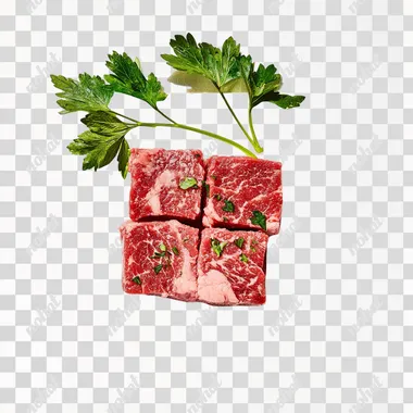 a photographic image of raw cube steak on a white background with parsley garnish.