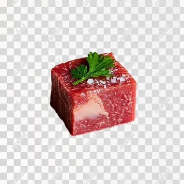 a photographic image of raw cube steak on a white background with parsley garnish.