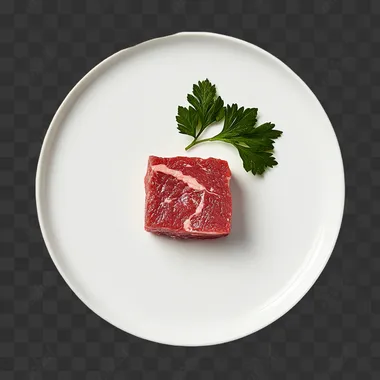 a photographic image of raw cube steak on a white background with parsley garnish.
