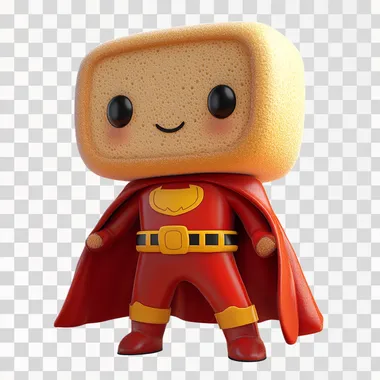 Create a 3D character with a round, soft bread-shaped head. rounded head,The character should have friendly, expressive eyes and a small, cheerful mouth. Its body is simple and cartoon-like, with short limbs and a soft, rounded shape. The character wears a vibrant red hero costume with bold details, such as a cape, belt, and boots. The costume should look energetic and heroic, contrasting with the warm, golden-brown texture of its bread-like head. The overall design should be cute, approachable, and embody a courageous, friendly personality.
