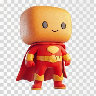 Create a 3D character with a round, soft bread-shaped head. rounded head,The character should have friendly, expressive eyes and a small, cheerful mouth. Its body is simple and cartoon-like, with short limbs and a soft, rounded shape. The character wears a vibrant red hero costume with bold details, such as a cape, belt, and boots. The costume should look energetic and heroic, contrasting with the warm, golden-brown texture of its bread-like head. The overall design should be cute, approachable, and embody a courageous, friendly personality.