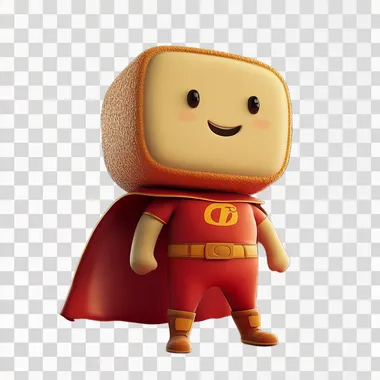 Create a 3D character with a round, soft bread-shaped head. rounded head,The character should have friendly, expressive eyes and a small, cheerful mouth. Its body is simple and cartoon-like, with short limbs and a soft, rounded shape. The character wears a vibrant red hero costume with bold details, such as a cape, belt, and boots. The costume should look energetic and heroic, contrasting with the warm, golden-brown texture of its bread-like head. The overall design should be cute, approachable, and embody a courageous, friendly personality.