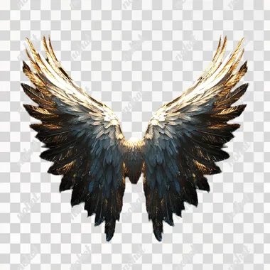 3D render as an octane render made in cinema4d with black background, Angel wings in perfect symmetry made out of a hybrid between wings of a dove and wings of a hawk spread out, create a depth using light and shadow with omni invisible light source from the top, precision details